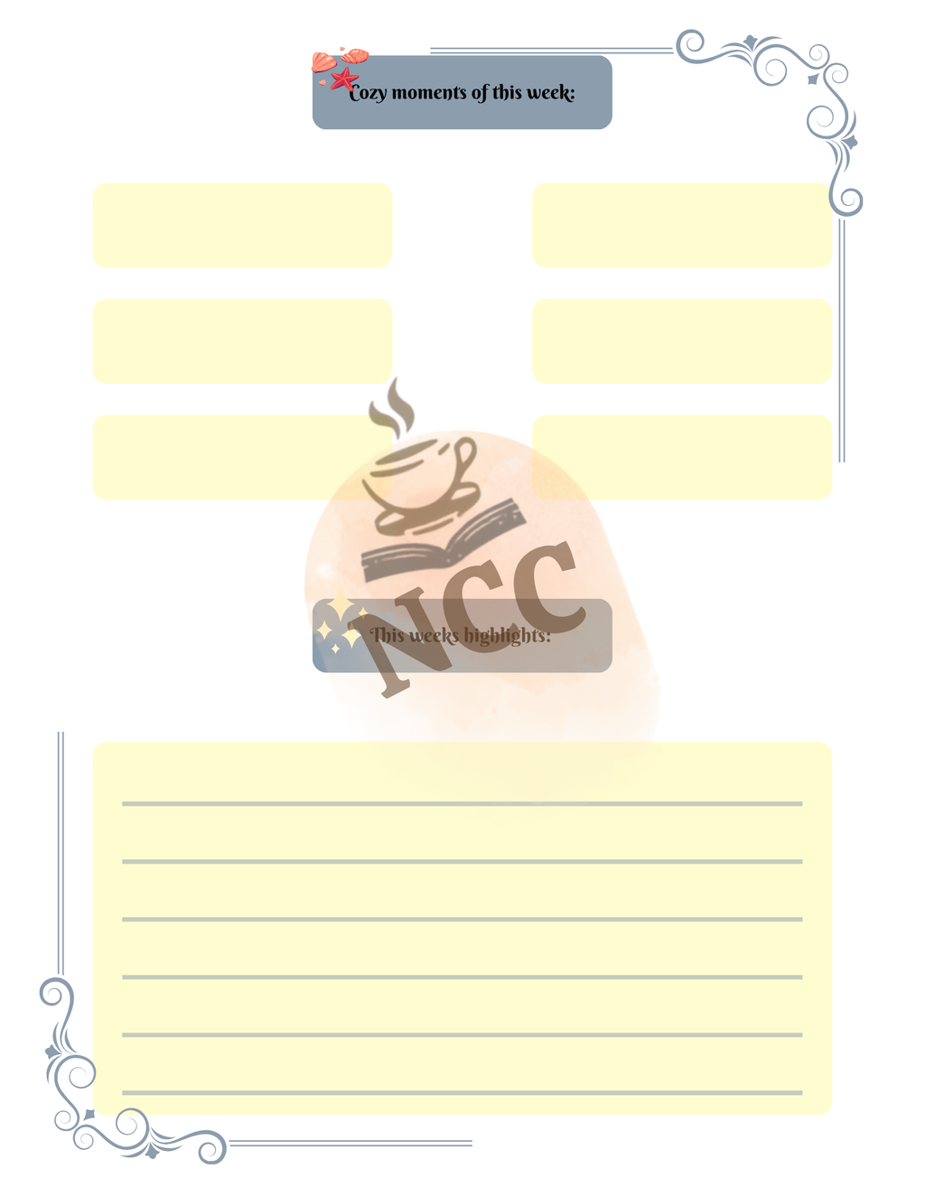 Second planning page of Sea Side Stories Reader Planner — cozy moments and weekly highlights section
