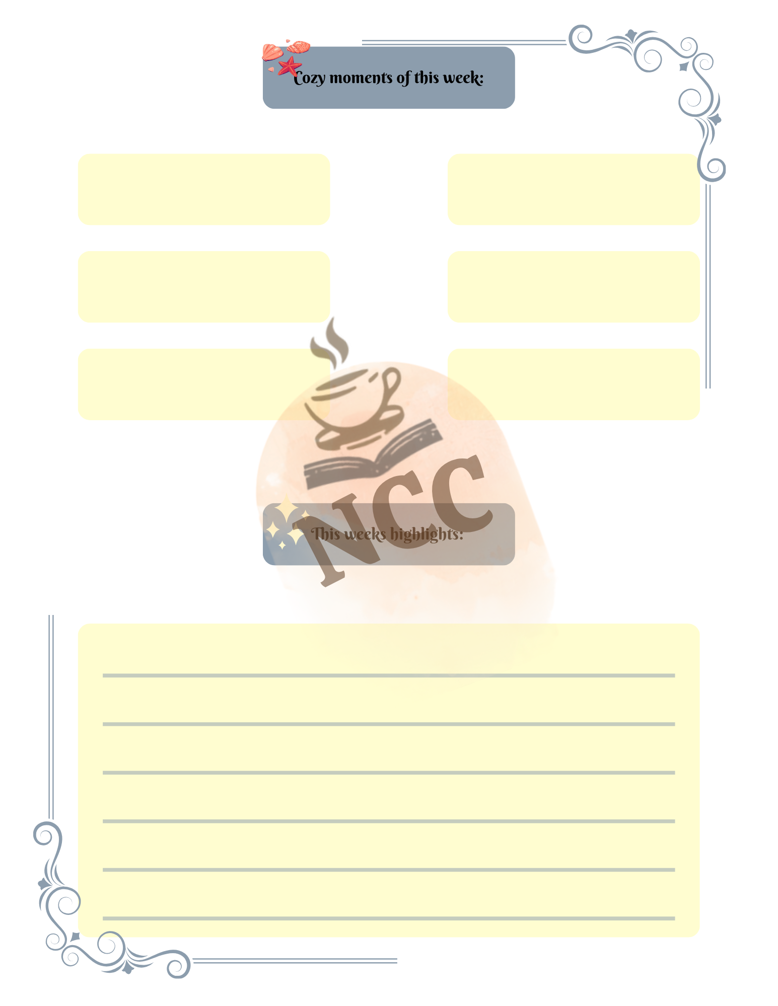 Second planning page of Sea Side Stories Reader Planner — cozy moments and weekly highlights section

