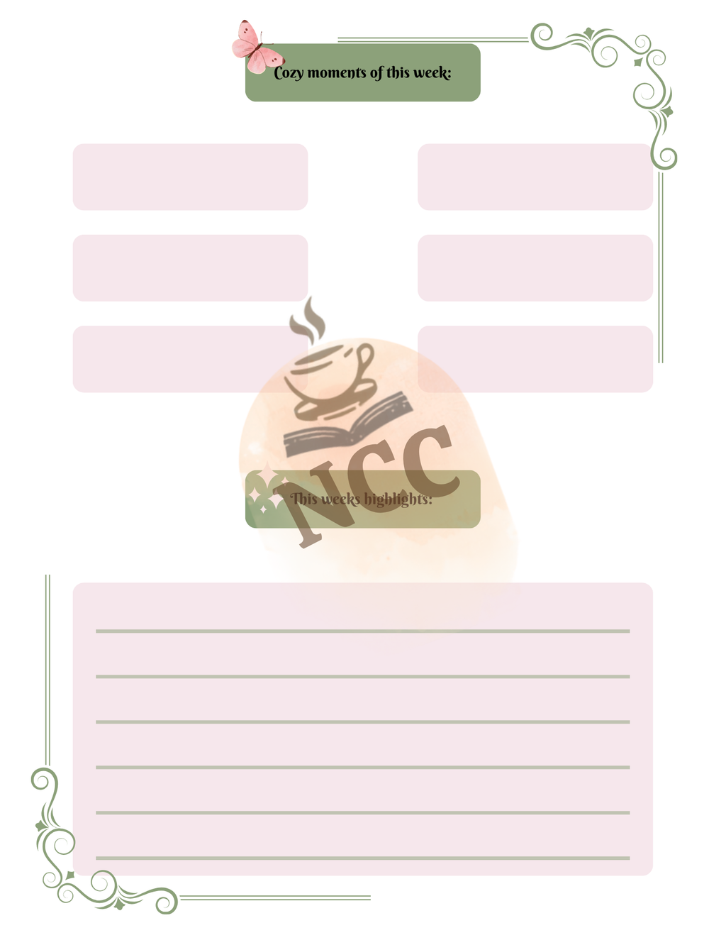 Second planning page of Secret Garden Reader Planner — cozy moments and weekly highlights section
