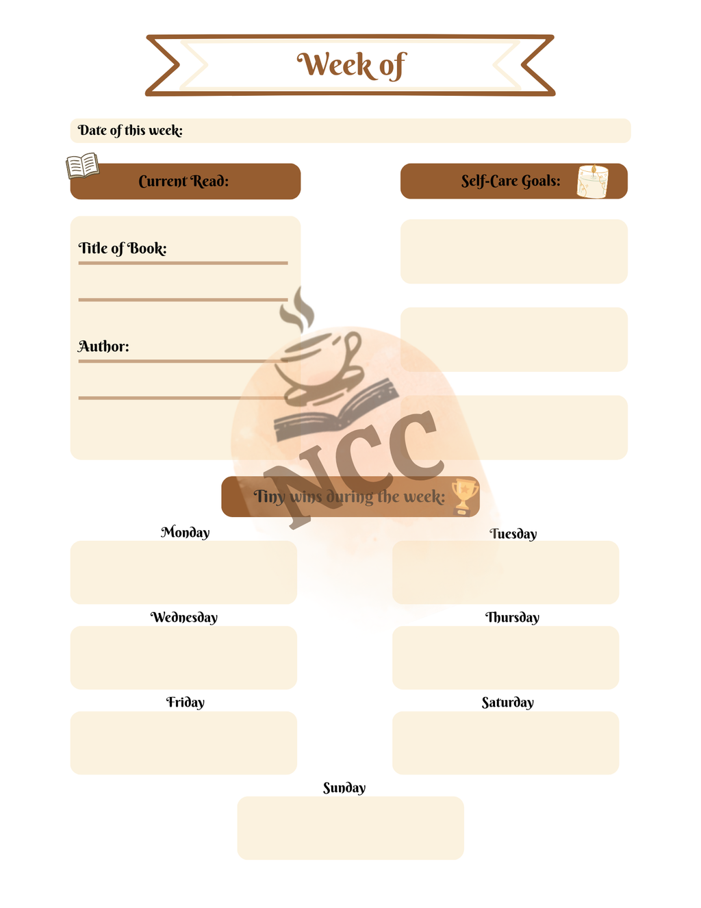 First planning page of The Cozy Chapter Edition Reader Planner — track your current read and reading goals