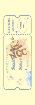 Front of Seaside Stories Readers Ticket — a soft yellow seaside digital bookmark with shells and waves for book lovers
