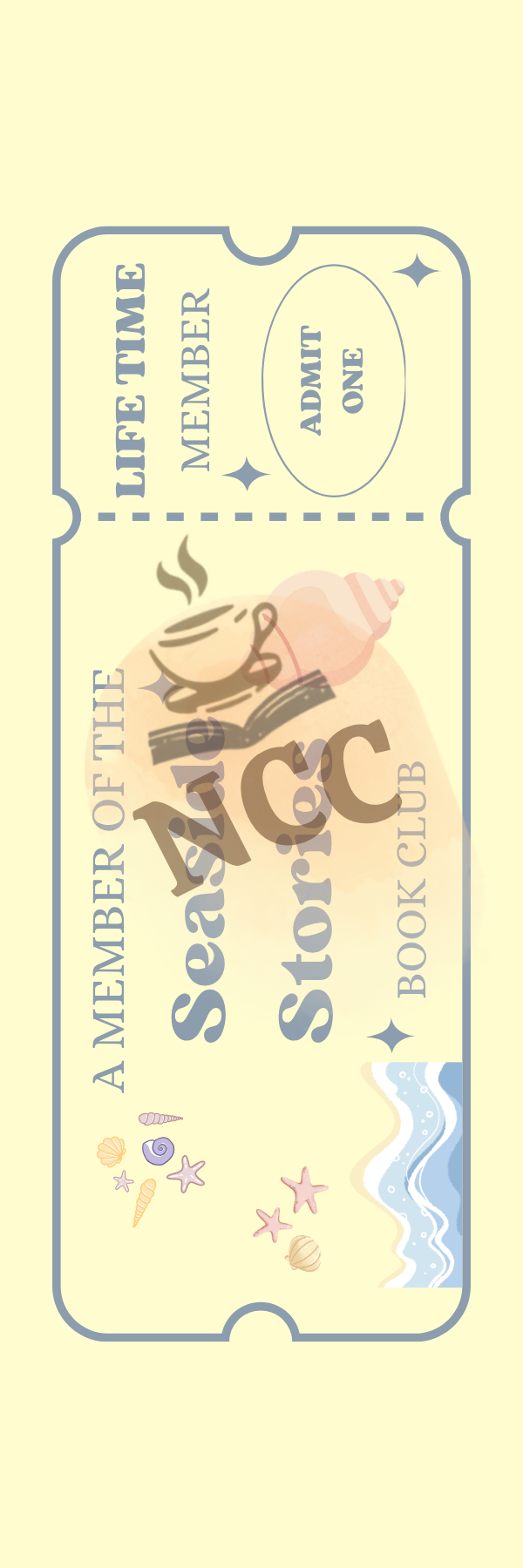 Front of Seaside Stories Readers Ticket — a soft yellow seaside digital bookmark with shells and waves for book lovers
