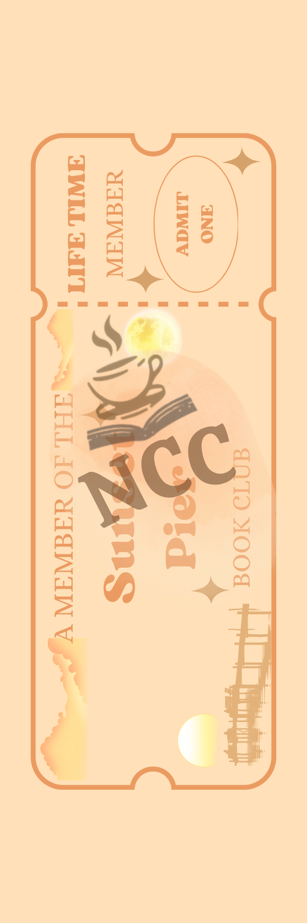 Front of Sunset Pier Readers Ticket — a warm golden sunset pier digital bookmark for book lovers
