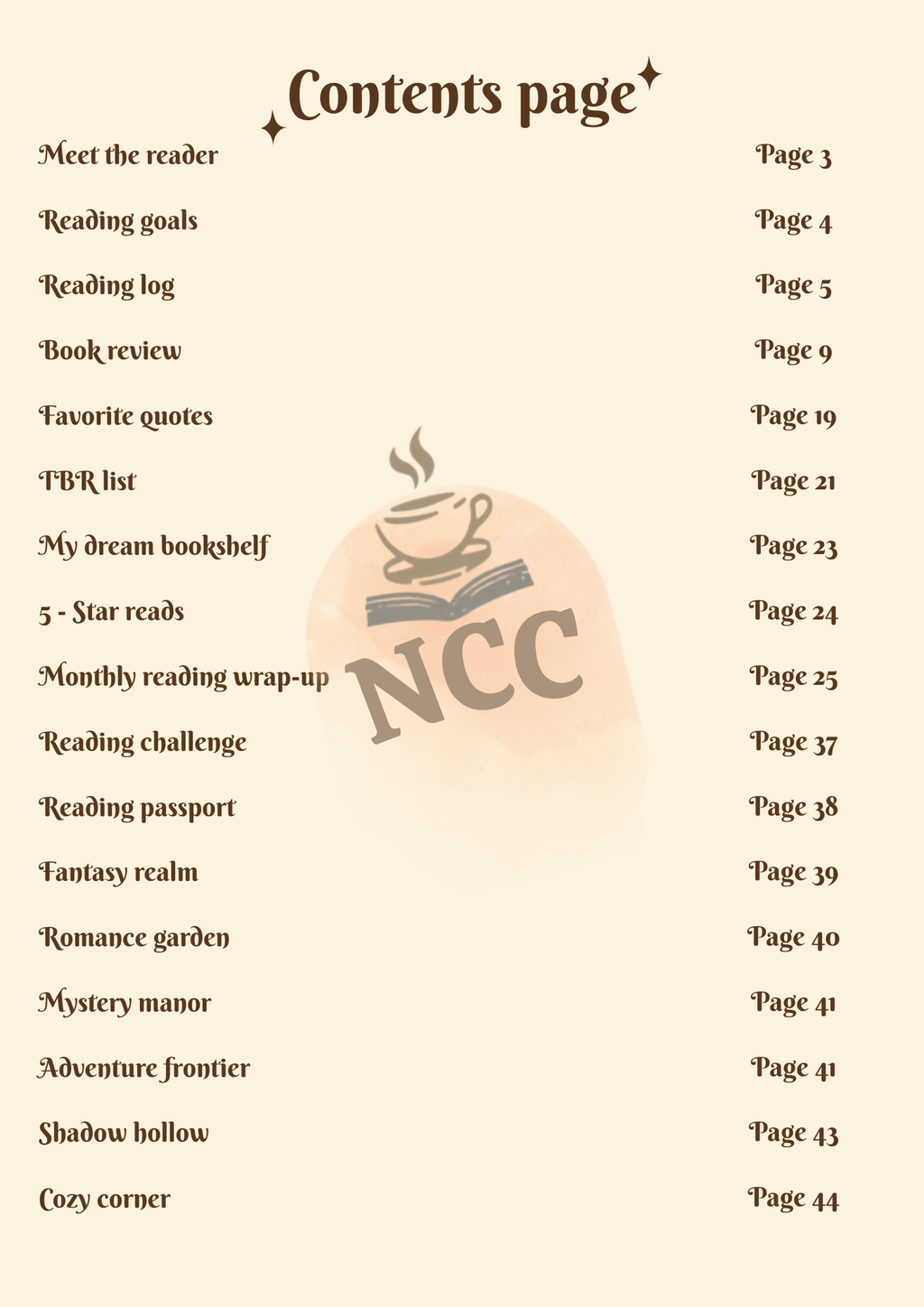 Contents page of The Cozy Reader's Journal showing all 44 pages and chapters inside
