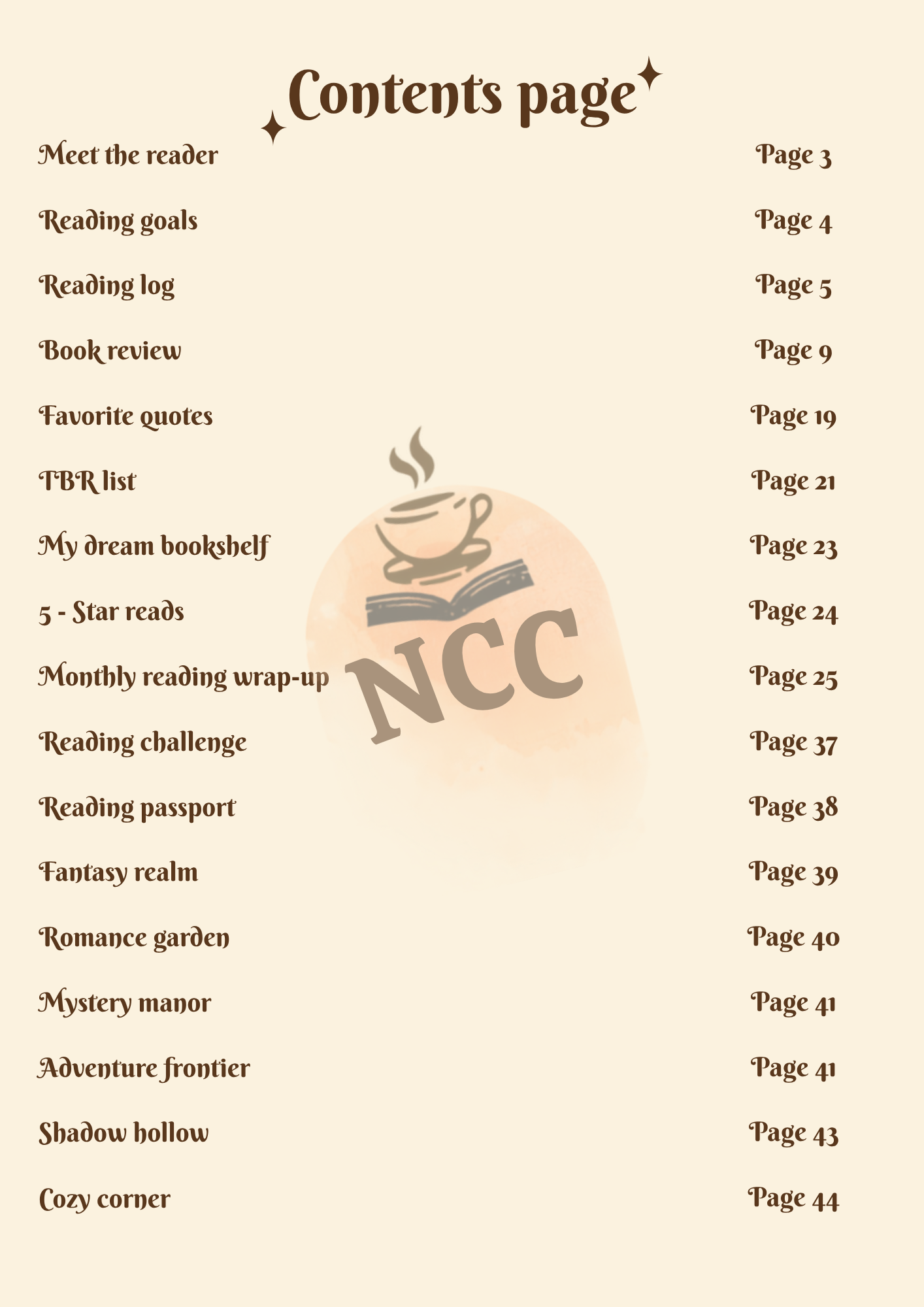 Contents page of The Cozy Reader's Journal showing all 44 pages and chapters inside
